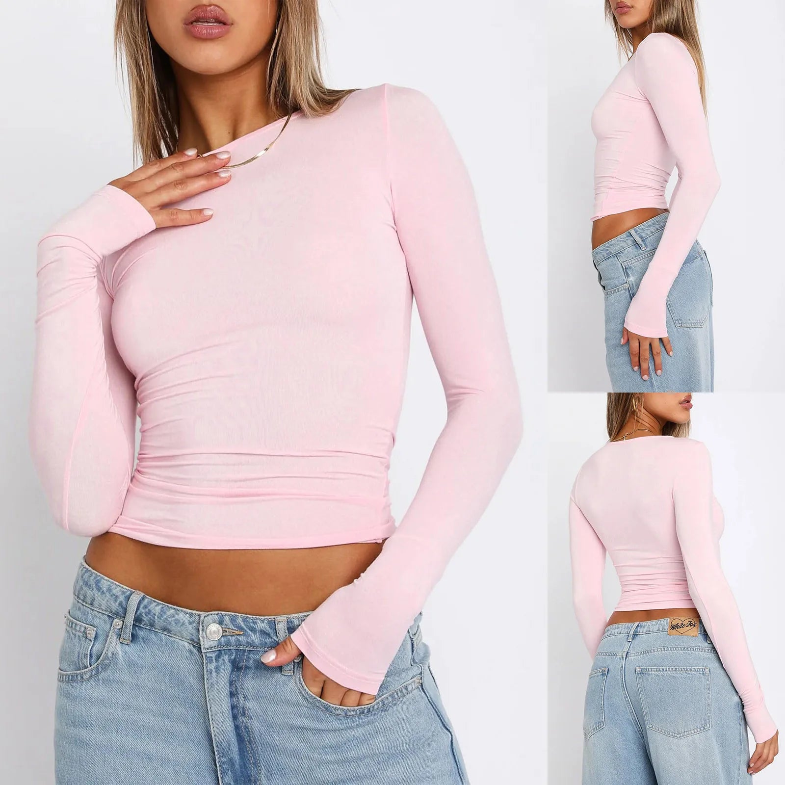 Women's Pink Long Sleeve Crop Top - Summer 2024 Collection