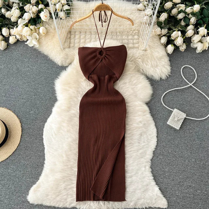 Chic Fashion Sexy Package Hips Split Knitted Summer Dress Women Slim Elastic Bodycon Party Dress Streetwear Outfits