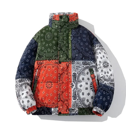 Bandana Puffer Jacket Men Winter Parka Brand Fashion Warm Windproof Paisley Padding Casual Zipper Harajuku Bandana Bubble Jacket