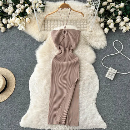 Chic Fashion Sexy Package Hips Split Knitted Summer Dress Women Slim Elastic Bodycon Party Dress Streetwear Outfits