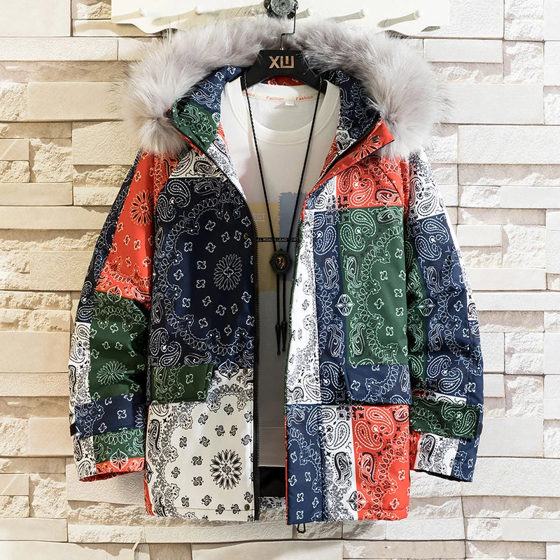 Bandana Puffer Jacket Men Winter Parka Brand Fashion Warm Windproof Paisley Padding Casual Zipper Harajuku Bandana Bubble Jacket