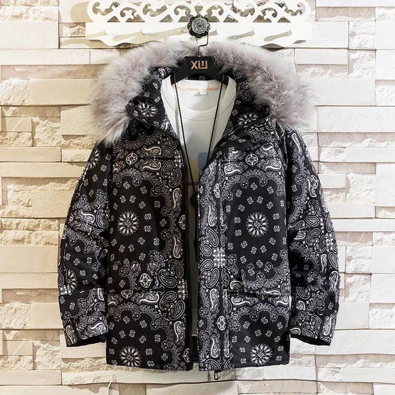 Bandana Puffer Jacket Men Winter Parka Brand Fashion Warm Windproof Paisley Padding Casual Zipper Harajuku Bandana Bubble Jacket