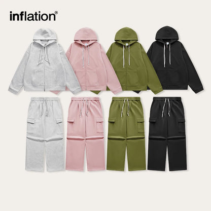 Unisex Harajuk Oversized Tracksuit 2023 Trendy Pink Cargo Pants and Hooded Jacket Set Mens Hooodie Set