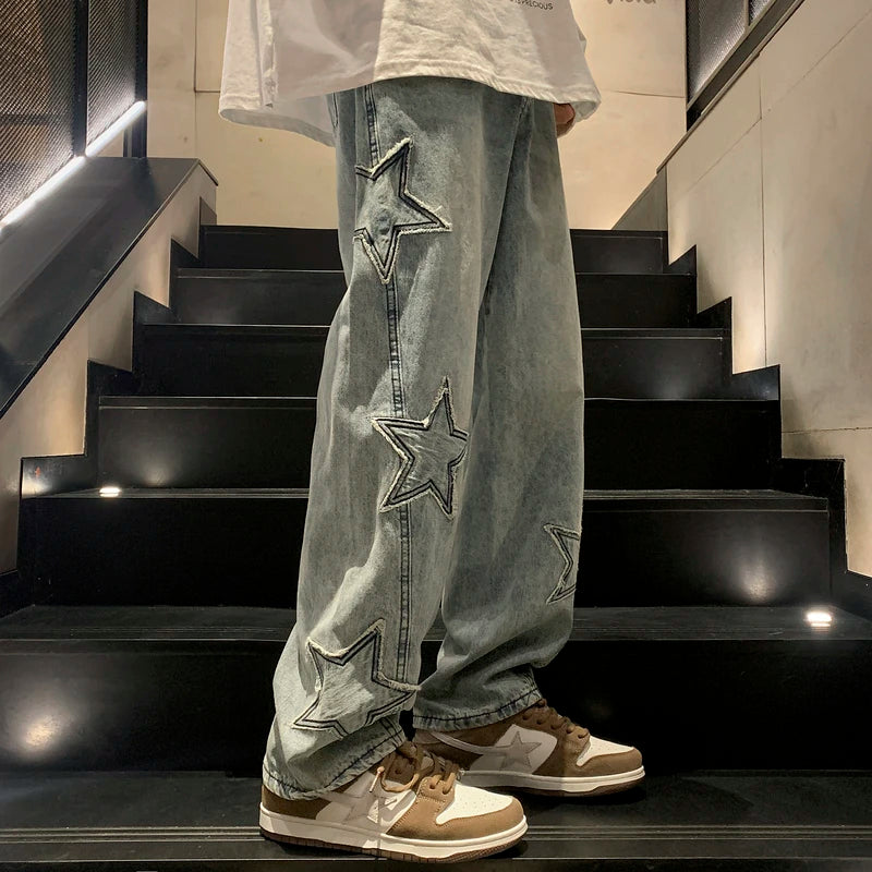 Star Embroidery Straight Casual Men Jeans Gothic Neutral New Wide Leg Loose Hip-Hop Fashion Youth Streetwear Denim Trousers Y2K