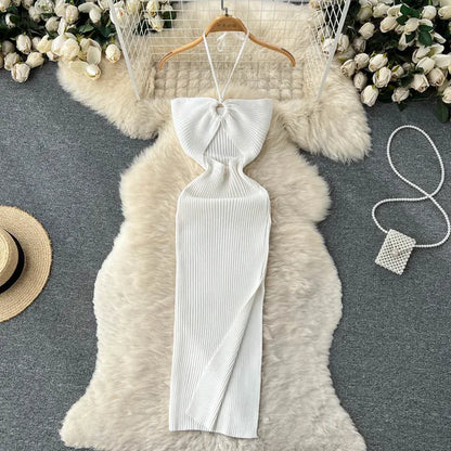 Chic Fashion Sexy Package Hips Split Knitted Summer Dress Women Slim Elastic Bodycon Party Dress Streetwear Outfits