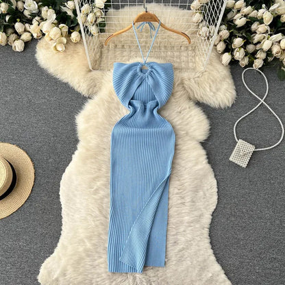 Chic Fashion Sexy Package Hips Split Knitted Summer Dress Women Slim Elastic Bodycon Party Dress Streetwear Outfits