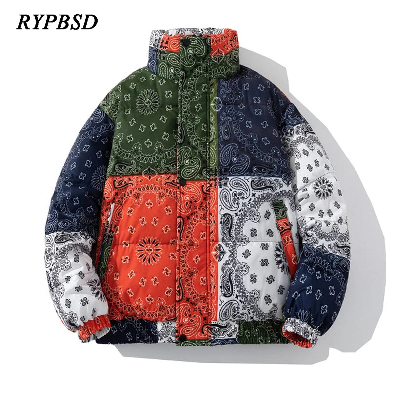 Bandana Puffer Jacket Men Winter Parka Brand Fashion Warm Windproof Paisley Padding Casual Zipper Harajuku Bandana Bubble Jacket