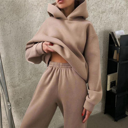 Tracksuit Long Sleeve Sweatshirt Warm Women Solid Color Hoodie Pants Outfit for Autumn Winter Suit Tracksuit Hooded Sportswear