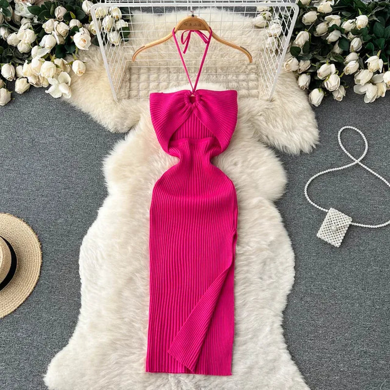 Chic Fashion Sexy Package Hips Split Knitted Summer Dress Women Slim Elastic Bodycon Party Dress Streetwear Outfits