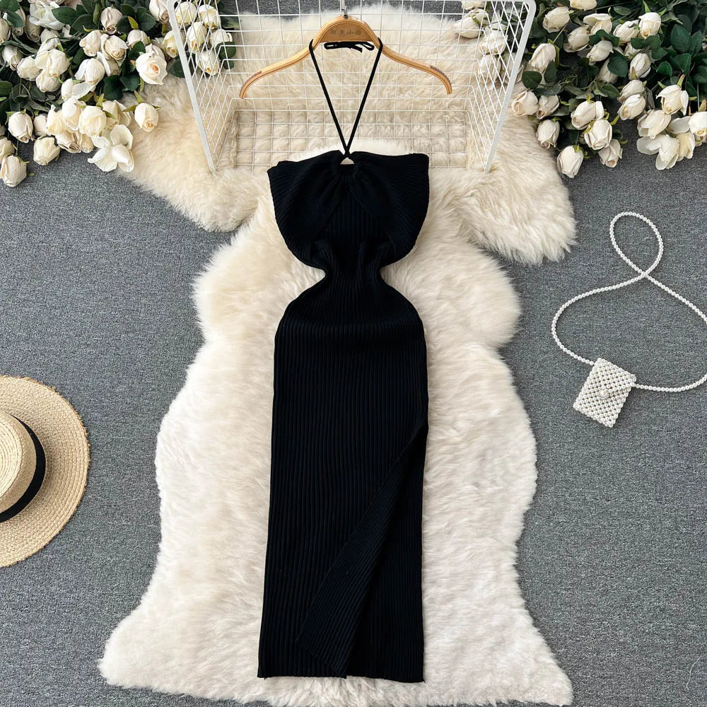 Chic Fashion Sexy Package Hips Split Knitted Summer Dress Women Slim Elastic Bodycon Party Dress Streetwear Outfits