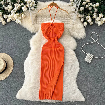 Chic Fashion Sexy Package Hips Split Knitted Summer Dress Women Slim Elastic Bodycon Party Dress Streetwear Outfits