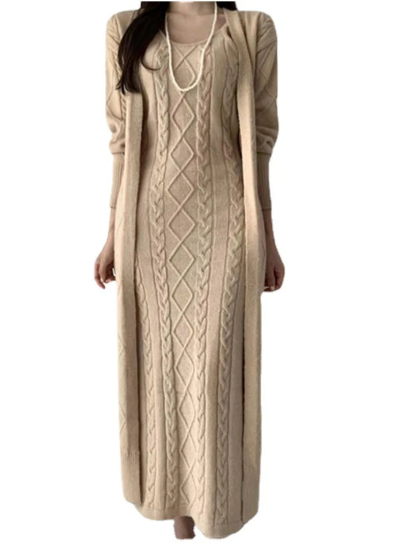 Winter Women Knitted 2 Pieces Set Muslim Casual Thicken Long Coat Dress Sweater Coat +Knitted Dress 2PCS Suits Warm Set Abaya