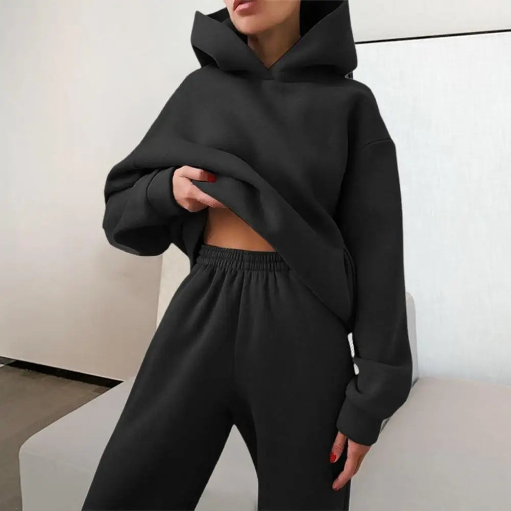 Tracksuit Long Sleeve Sweatshirt Warm Women Solid Color Hoodie Pants Outfit for Autumn Winter Suit Tracksuit Hooded Sportswear