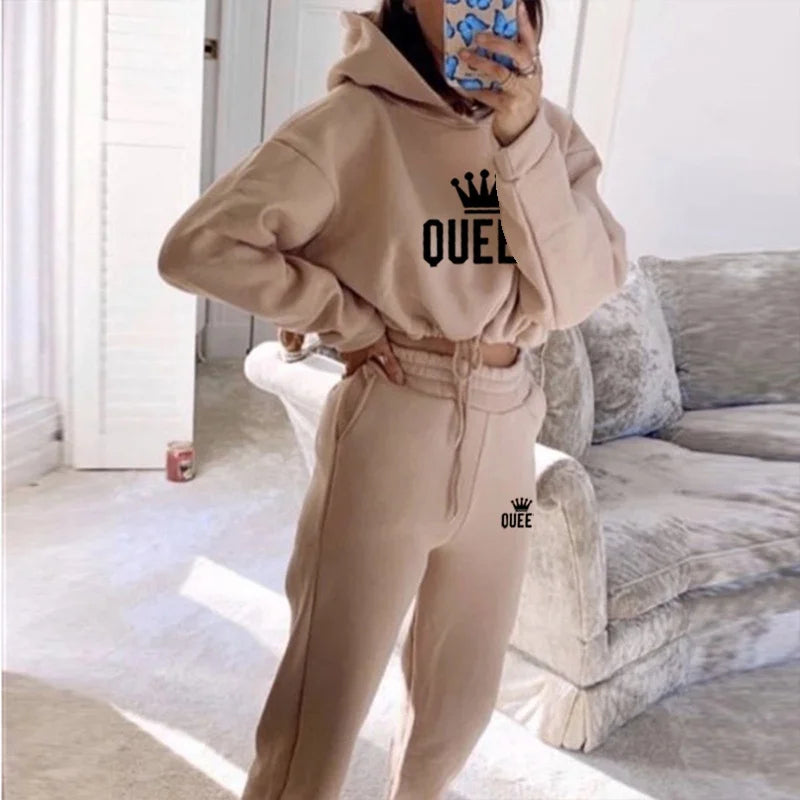 Women Hooded Tracksuit Sports 2 Pieces Set Sweatshirts Pullover Hoodies Pants Suit Home Sweatpants Trousers Outfits 2023