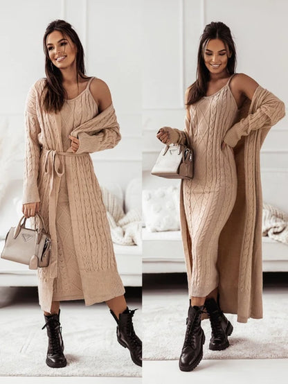 Winter Women Knitted 2 Pieces Set Muslim Casual Thicken Long Coat Dress Sweater Coat +Knitted Dress 2PCS Suits Warm Set Abaya