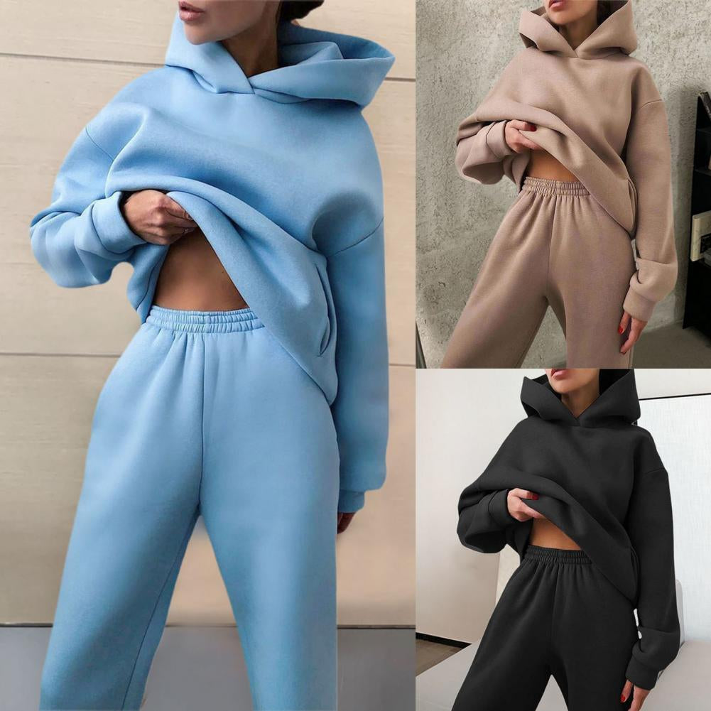 Tracksuit Long Sleeve Sweatshirt Warm Women Solid Color Hoodie Pants Outfit for Autumn Winter Suit Tracksuit Hooded Sportswear